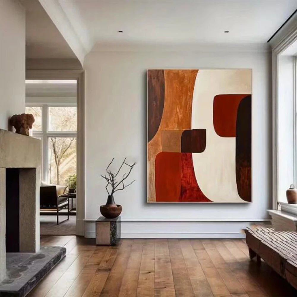 

Large Abstract Geometric Painting Dark Brown Painting Red Abstract Wall Art Beige Minimalist Canvas Living Decoration Painting