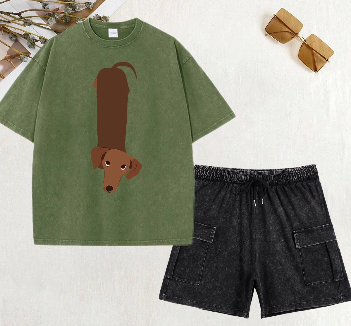 

Cartoon Funny Long Dog Print Washed T-Shirt Women Crewneck Y2K Shorts Set Fashion Summer T Shirts Cotton Loose Snow Wash Pants