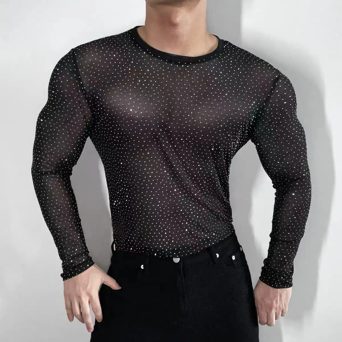 Sexy Shiny hot-fix Rhinestone Mesh T-shirt Stage Show Party Performance Wear Quickly drying Sprotst Base Long sleeve shirt