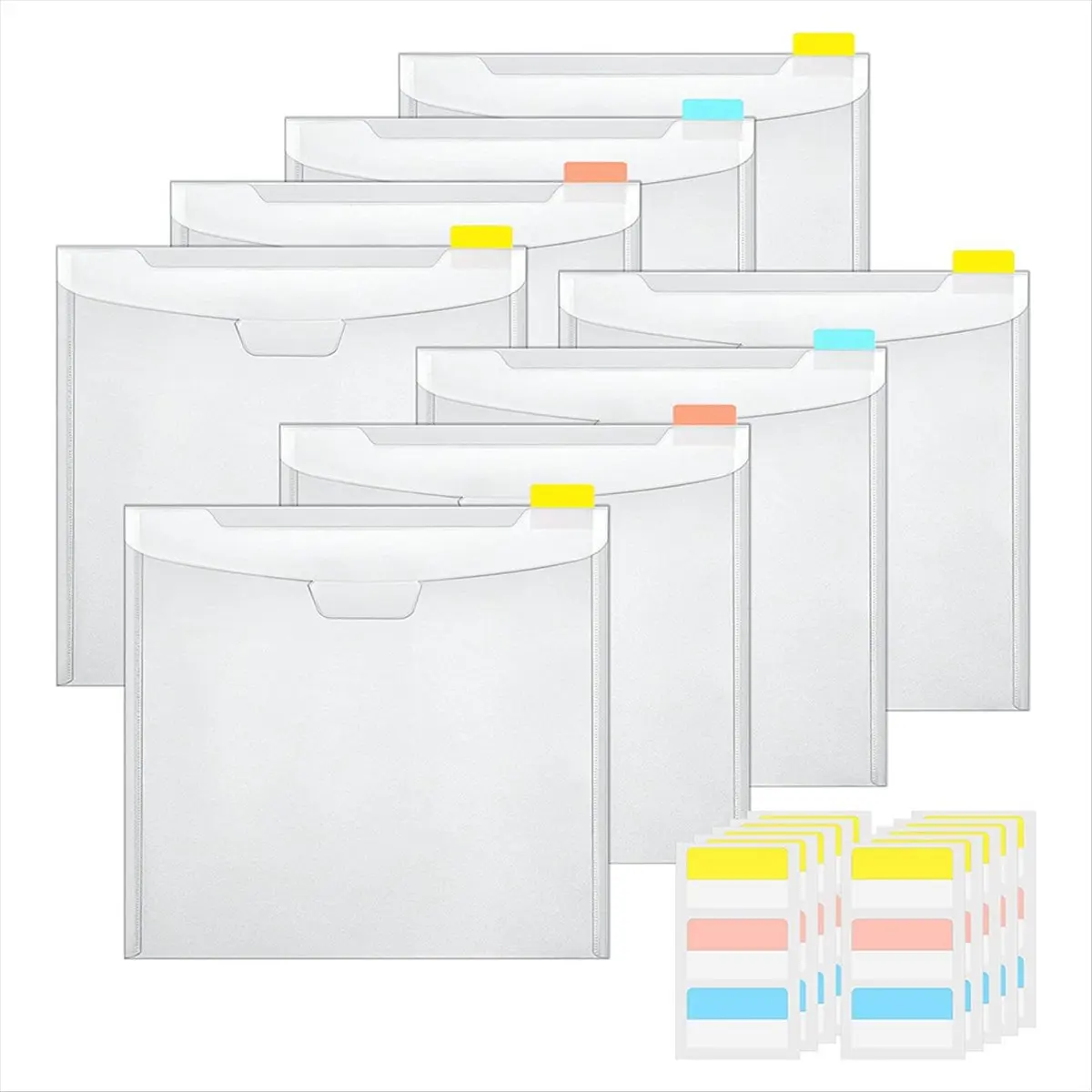 A45I Horizontal Transparent File Bag PP Snap Bag Mini Stationery Storage A5 Information Bag File Bag with Label (8 Pieces)
