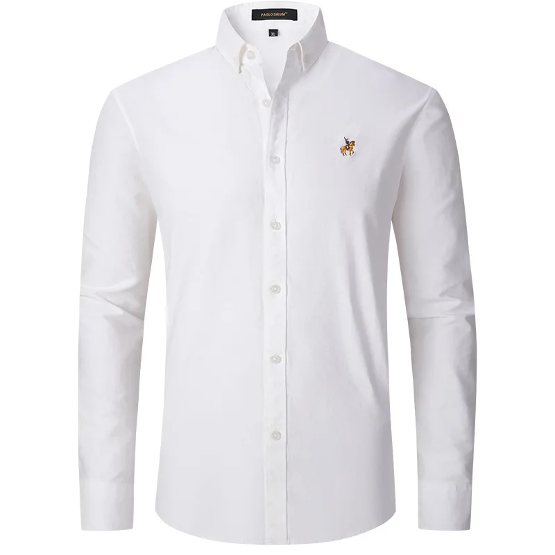 New Pure Cotton Oxford Embroidered Horse Casual Without Pocket Solid Shirt Men\'s Long Sleeve Dress Shirts Men Business Slim Fit