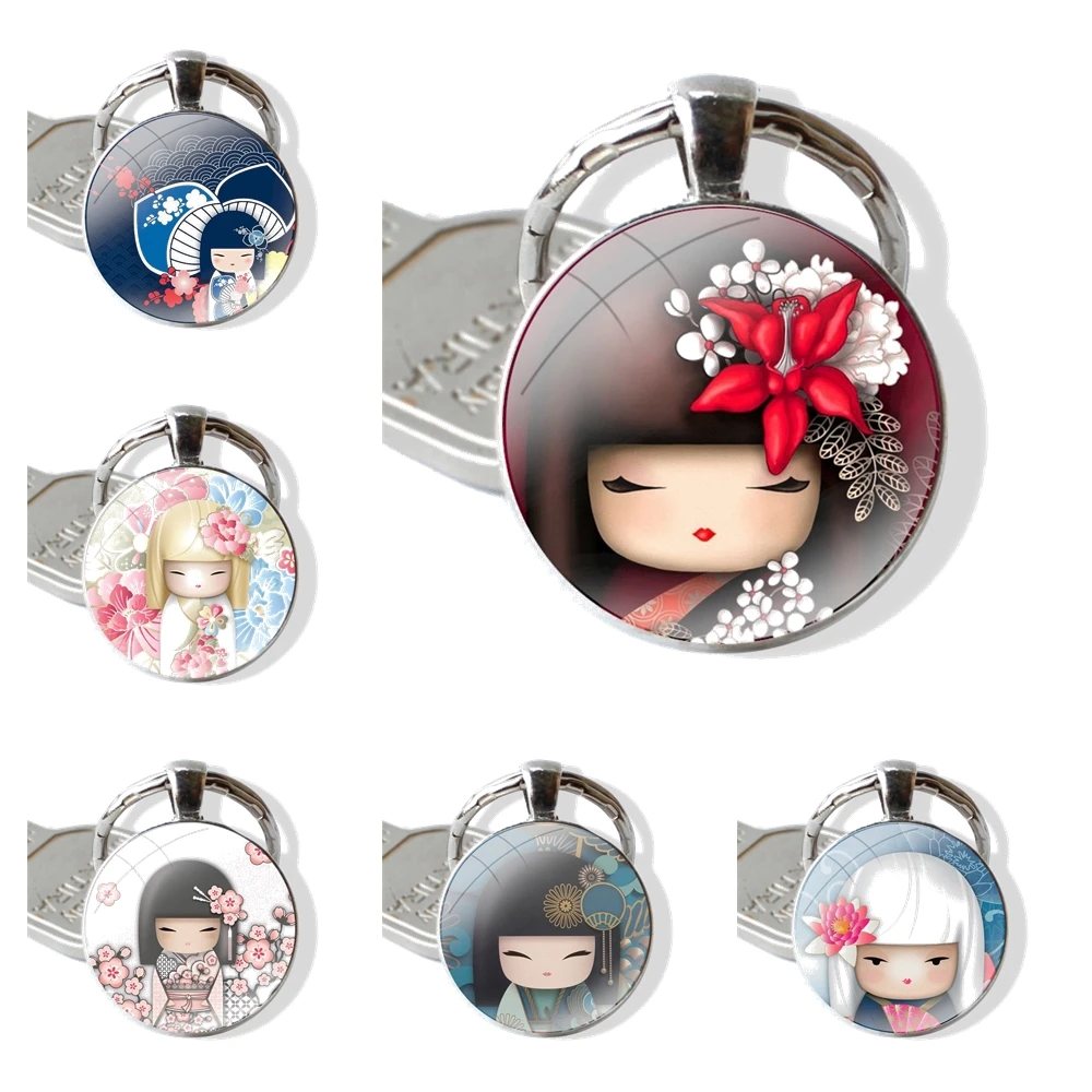 kawaii Japanese Kokeshi Doll 25mm Glass Cabohcon Keychain Key Rings for Women Men Jewelry Gift