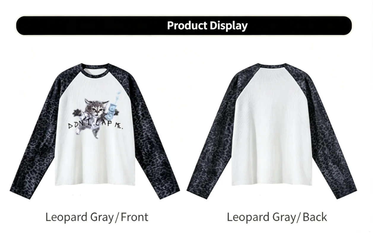 American Vintage Long Sleeve T-shirt New Arrival Leopard Kitten Print Crew Neck Long Sleeve Top Casual Streetwear Tee