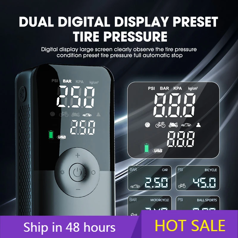 

Беспроводной портативный воздушный компрессор POWER со светодиодным дисплеем и функцией Power Bank для автомобильного велосипедного мяча