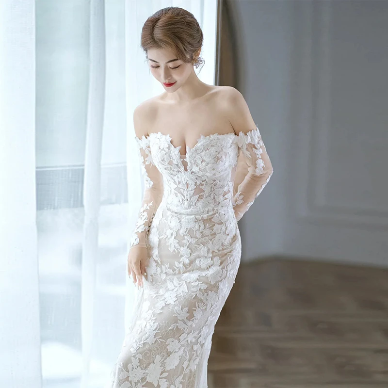 2023 Off Shoulder Bruid Jurken Kant Wedding Dress Mermaid Foto-shooting Tour Lange Mouwen Ruches Robe De Mariee Gown bridal