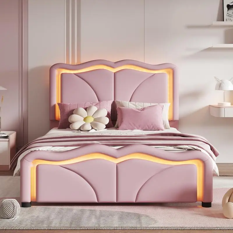 Twin Size Upholstered Platform Bed, Curved Height-Adjustable Headboard, LED Light Strips, Pink Color