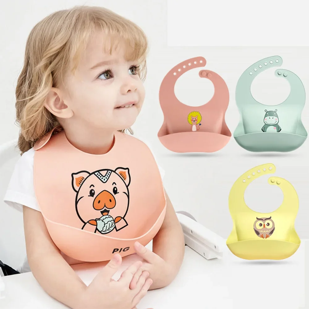 Bavoir imperméable en silicone souple et réglable pour bébé fille et garçon, accessoire d'alimentation mignon avec imprimé de dinosaure de dessin animé