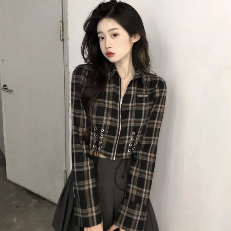 Crop Plaid Shirts Women Streetwear European Teens Personal Long Sleeve Zip-Up Y2k Clothes Рубашки Hotsweet Sexy Slim Hipster New