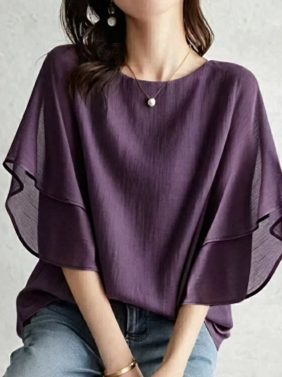 Loose round Neck Batwing Sleeve Chiffon Shirt Casual Summer New Style Women's Top Comfortable Breathable Cool Sensation
