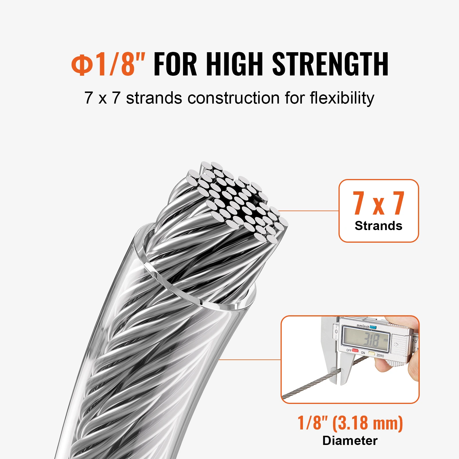 VEVOR Kit de Cables de 3,18 mm Cable de Acero Inoxidable 304 de 30,5 m con 59 Accesorios, Resistencia a la Rotura de 2,9 KN, 7 x 7 Hebras, Cable de Grado de Construcción para Aeronaves para Pasamanos