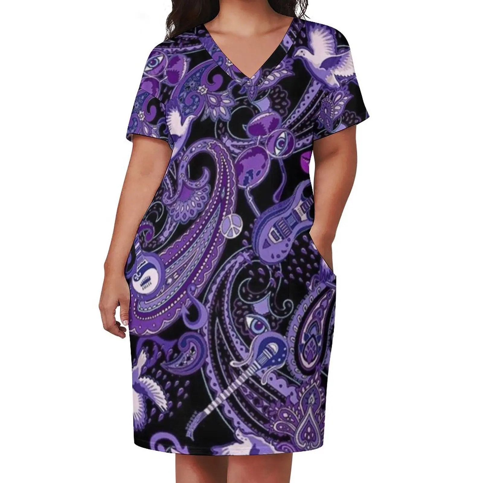 Purple and Black Paisley Guitar Art Loose Pocket Dress elegant women