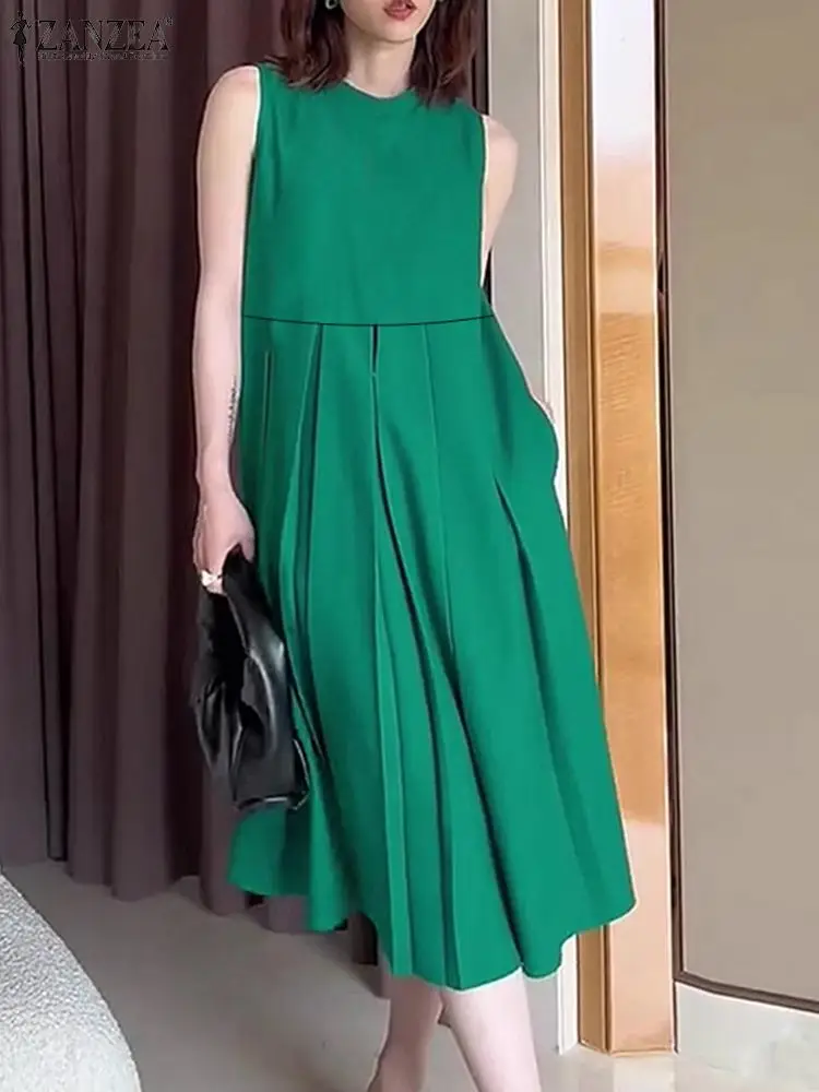 Feminino sólido tanque vestido moda zanzea sem mangas plissado vestido de verão férias verão 2025 em torno do pescoço robe casual solto vestido de bolso