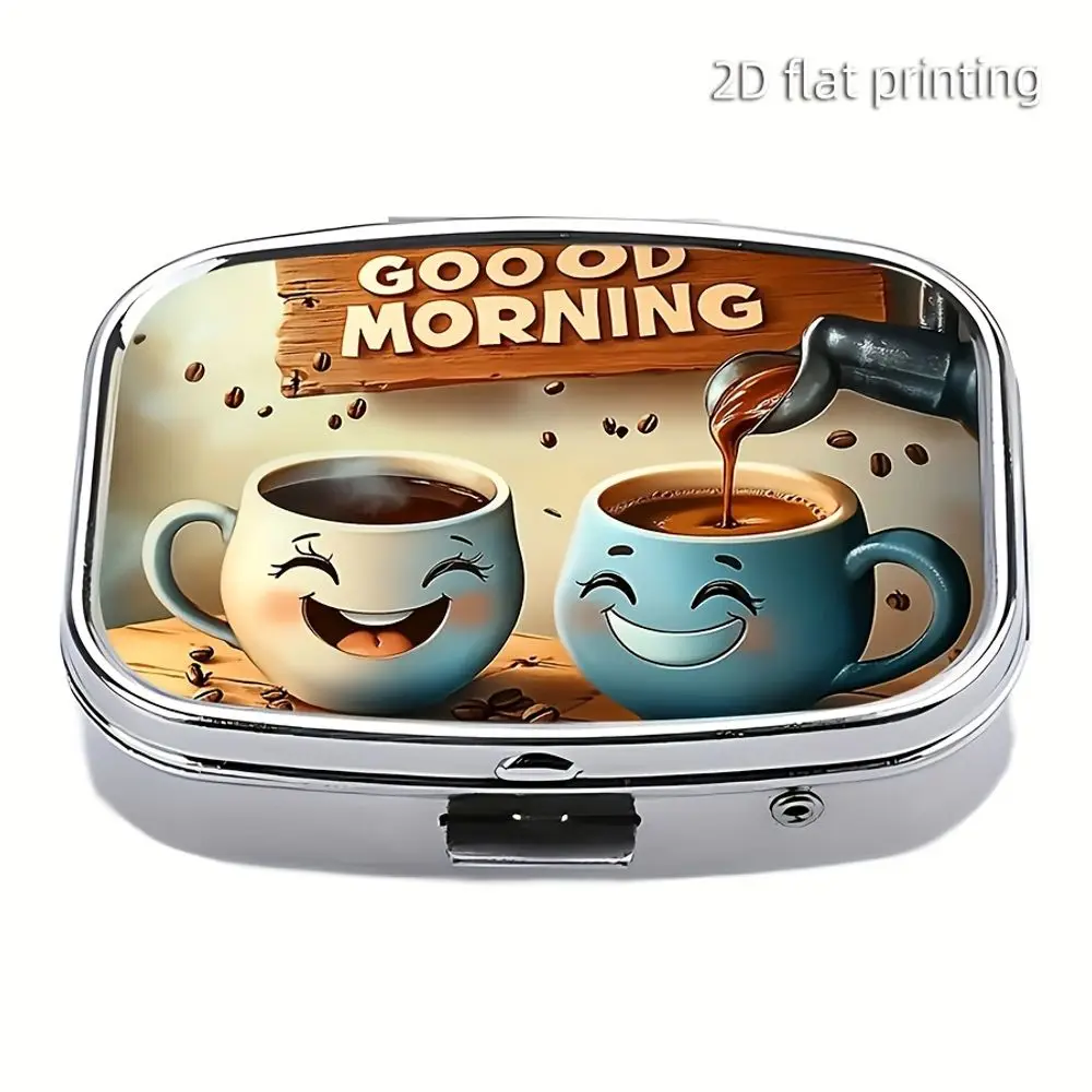 

1pc Good Morning 2-Compartment Metal Pill Box, Portable Pocket/Wallet Mini Case