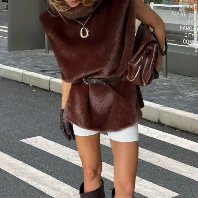 Vintage Solid Brown Faux Fur Waistcoat Stand Collar Sleeveless Relaxed Fit Fluffy Warm Women Streetwear Layering Vest Top 260602