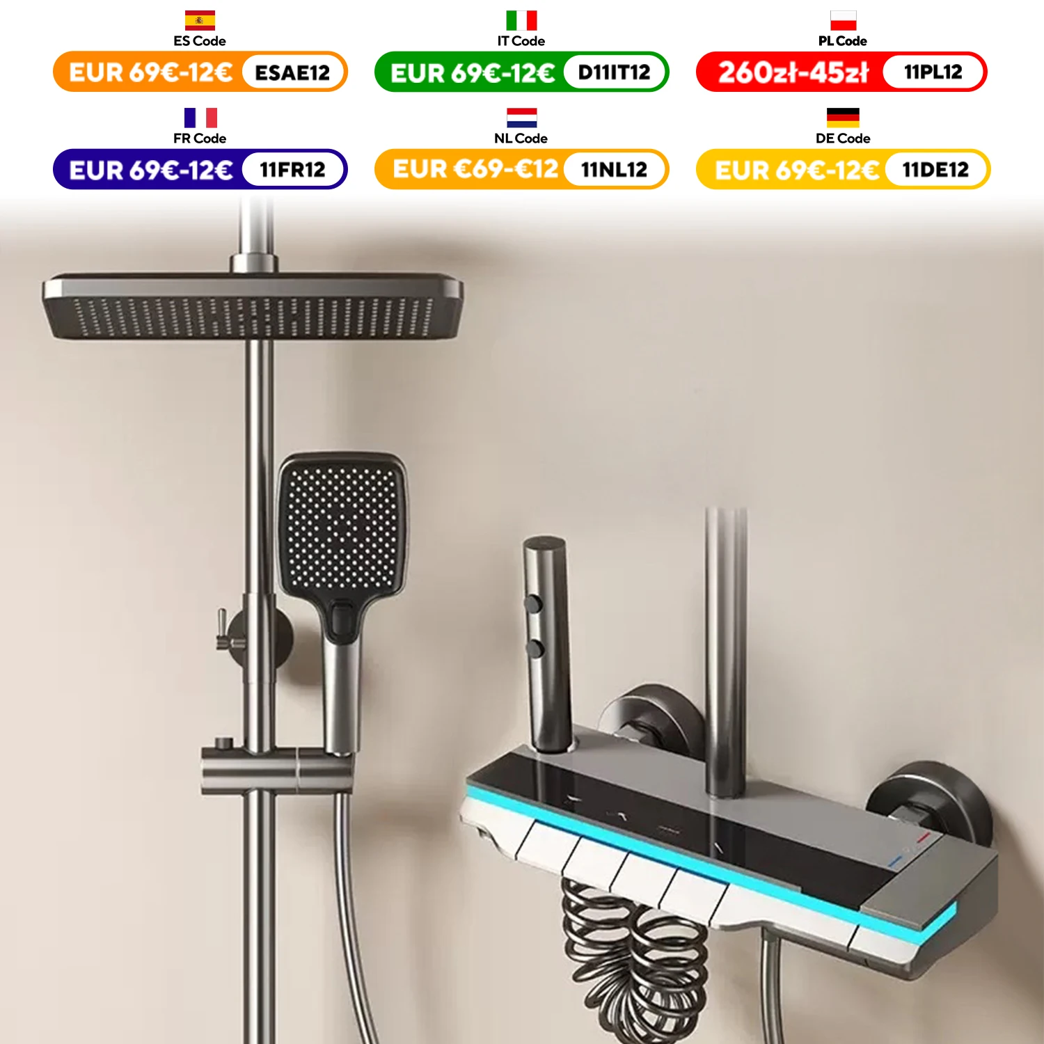 Ensemble de pomme de douche de salle de bains, robinet de baignoire thermostatique en laiton finition miroir, système de douche thermostatique à affichage LED