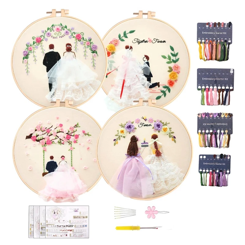 4Pack Embroidery Kits For Adults DIY Embroidery Kits For Beginners Hand Embroidery Kit With Patterns(Wedding) Easy To Use