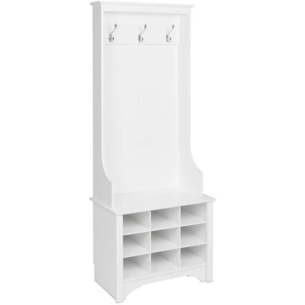 White Hall Tree, Shoe Cabinet, Storage Cabinet with 9 Shoe Cubbies and 3 Double Coat Hooks 15.5