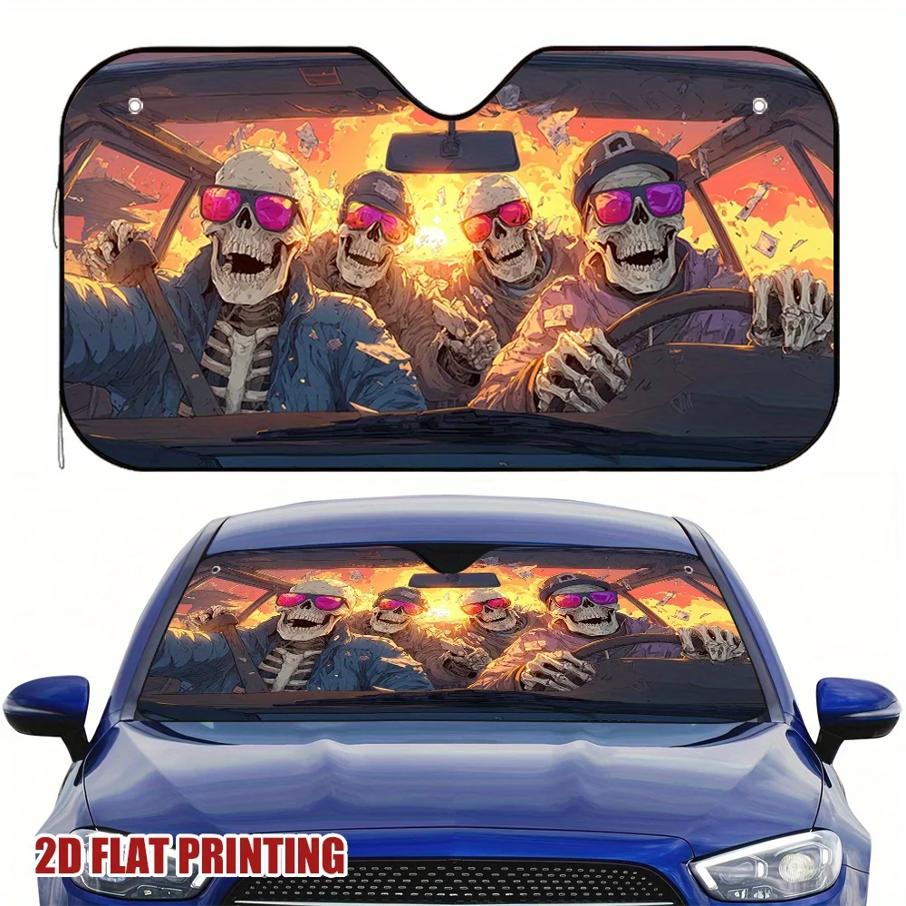 1pc Of Car Sunshade Featuring Elegant Designs For A Stylish Road Trip Selfie With Skeletons
