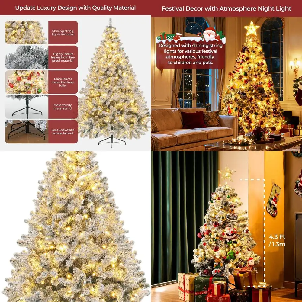 

4.5-Foot Snow-Flocked Pencil Spruce Artificial Christmas Tree with Lights, Hinged and Foldable Stand for Home, Party, or Office