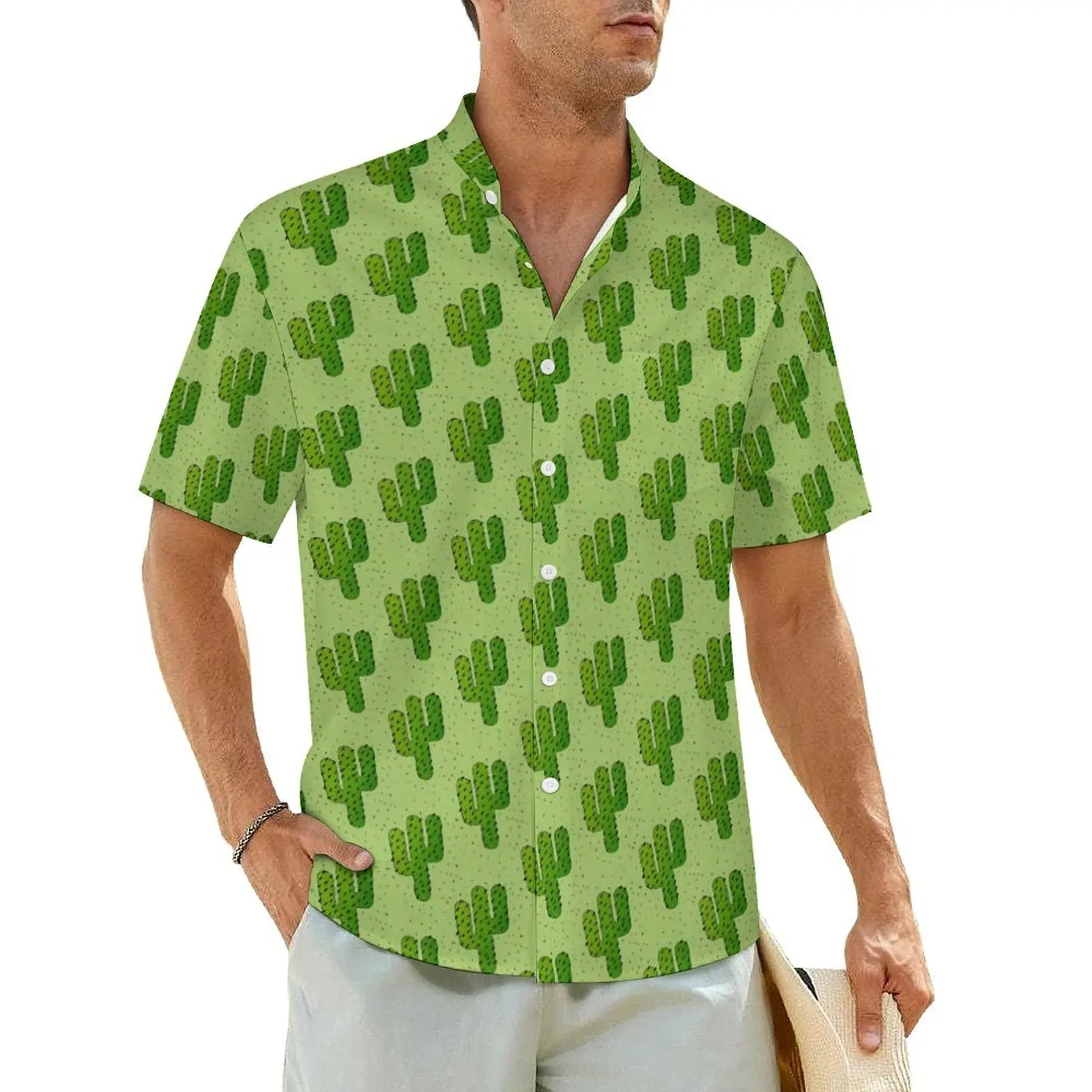 

Green Cactus Hawaiian Shirt For Men Beach Plants Print Casual Shirts Short-Sleeve Comfortable Design Classic Oversized Blouses