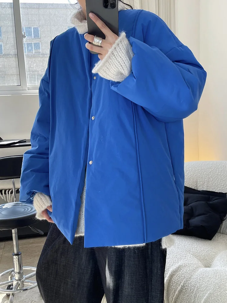 Giacca imbottita in cotone Normcore per donna 2024 autunno inverno cappotto a maniche lunghe con scollo a o blu parka caldo Streetwear INKEO 4 o097