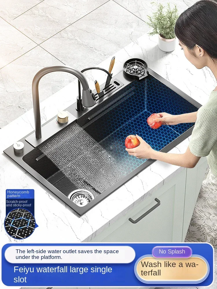 

Waterfall Sink 304 Stainless Steel Large Single Slot Vegetable Washing Pool Kitchen Dishwashing Sink Embossed Left Side