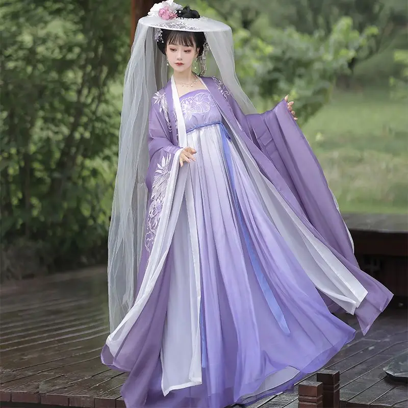 Hanfu ชุดเดรสสไตล์จีนวินเทจสำหรับผู้หญิงชุดเดรสสำหรับเต้นแบบนางฟ้าปักลายดอกไม้ชุดเจ้าหญิงแสนหวาน