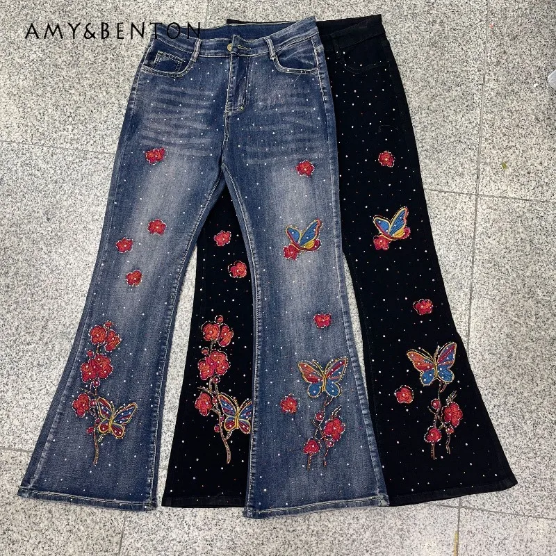 

2026 Spring Summer New Trousers Embroidered Flower Rhinestone High Waist Slim Fit Stretch Denim Pants Flared High Waist Jeans
