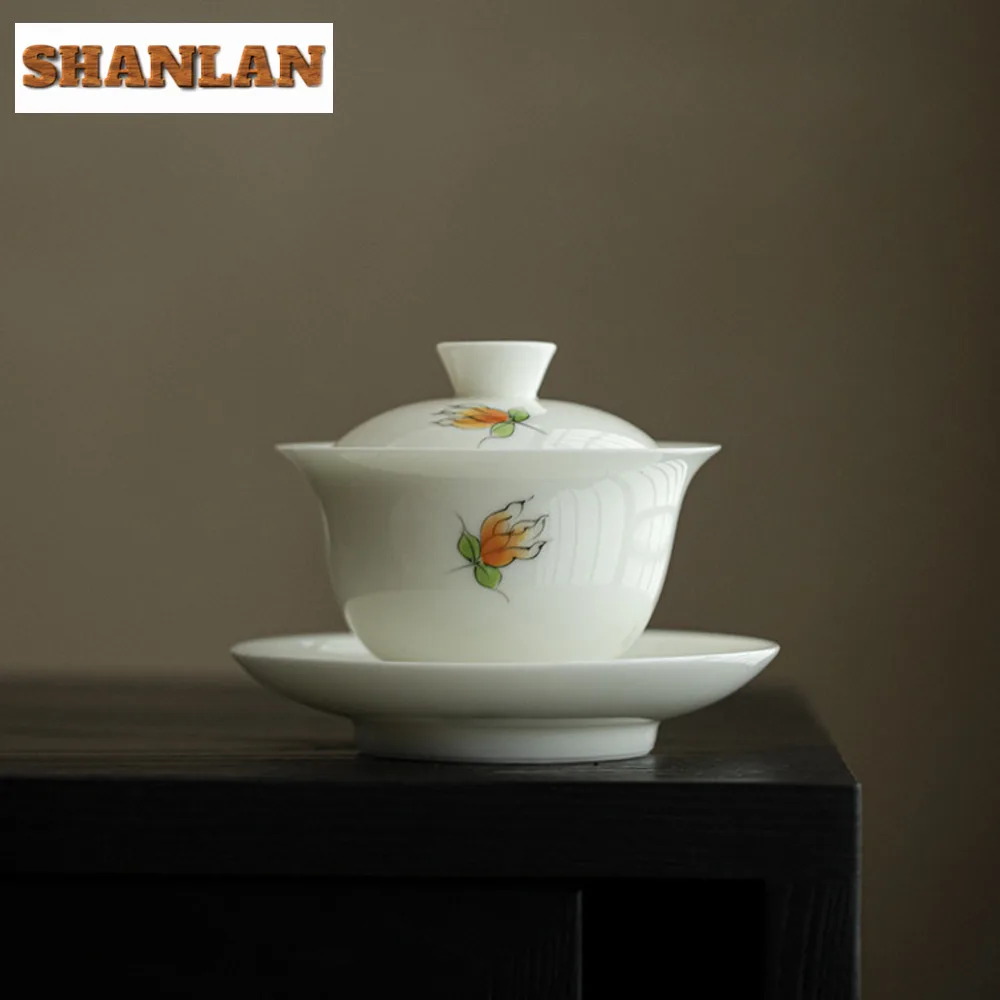 

150ml Hand-painted Finger Citron Flower Gaiwan Boutique Jade Mud White Porcelain Tea Tureen Tea Maker Cover Bowl Tea Ceremony