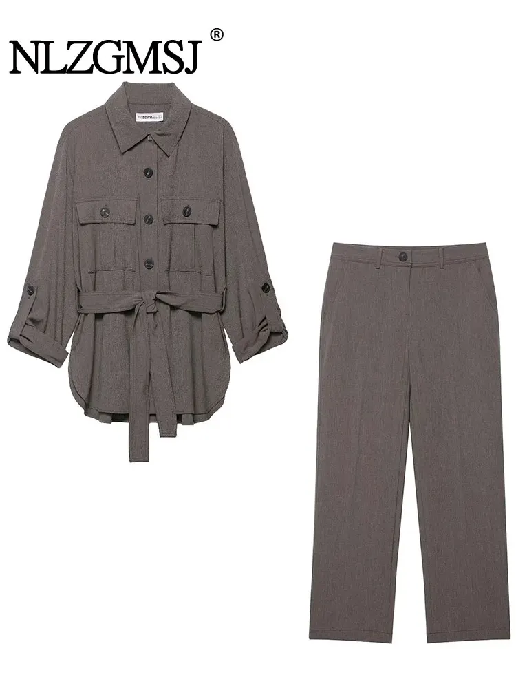 

NLZGMSJ женская осенняя однотонная рубашка на шнуровке, женские брюки с талией, модный прямой женский костюм с длинными рукавами и карманами на молнии