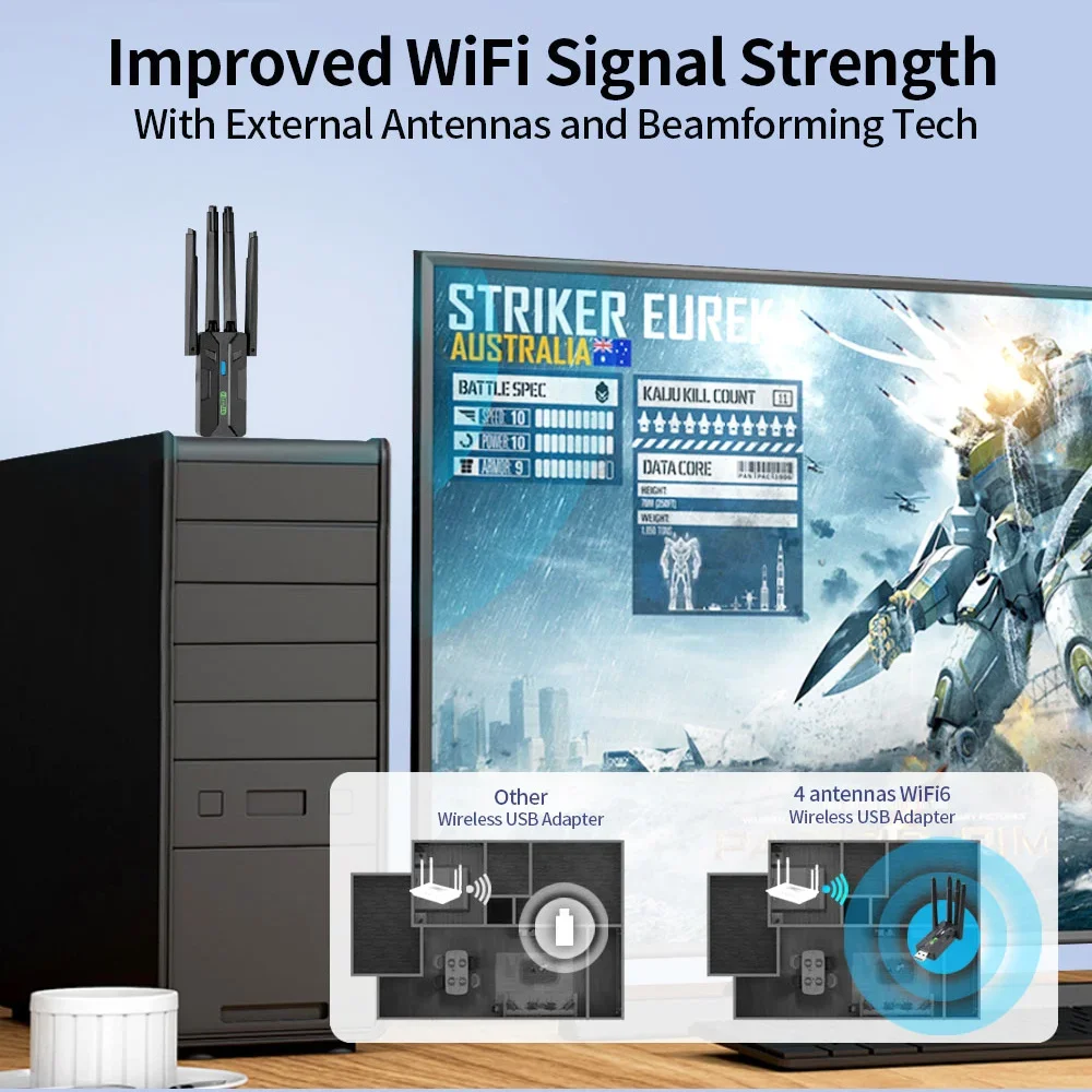 USB WiFi 6 AX900 بلوتوث 5.4 محول 2in1 دونغل 2.4G & 5 جيجا هرتز مع 4 هوائي شبكة استقبال لاسلكي لنظام التشغيل Windows 10/11