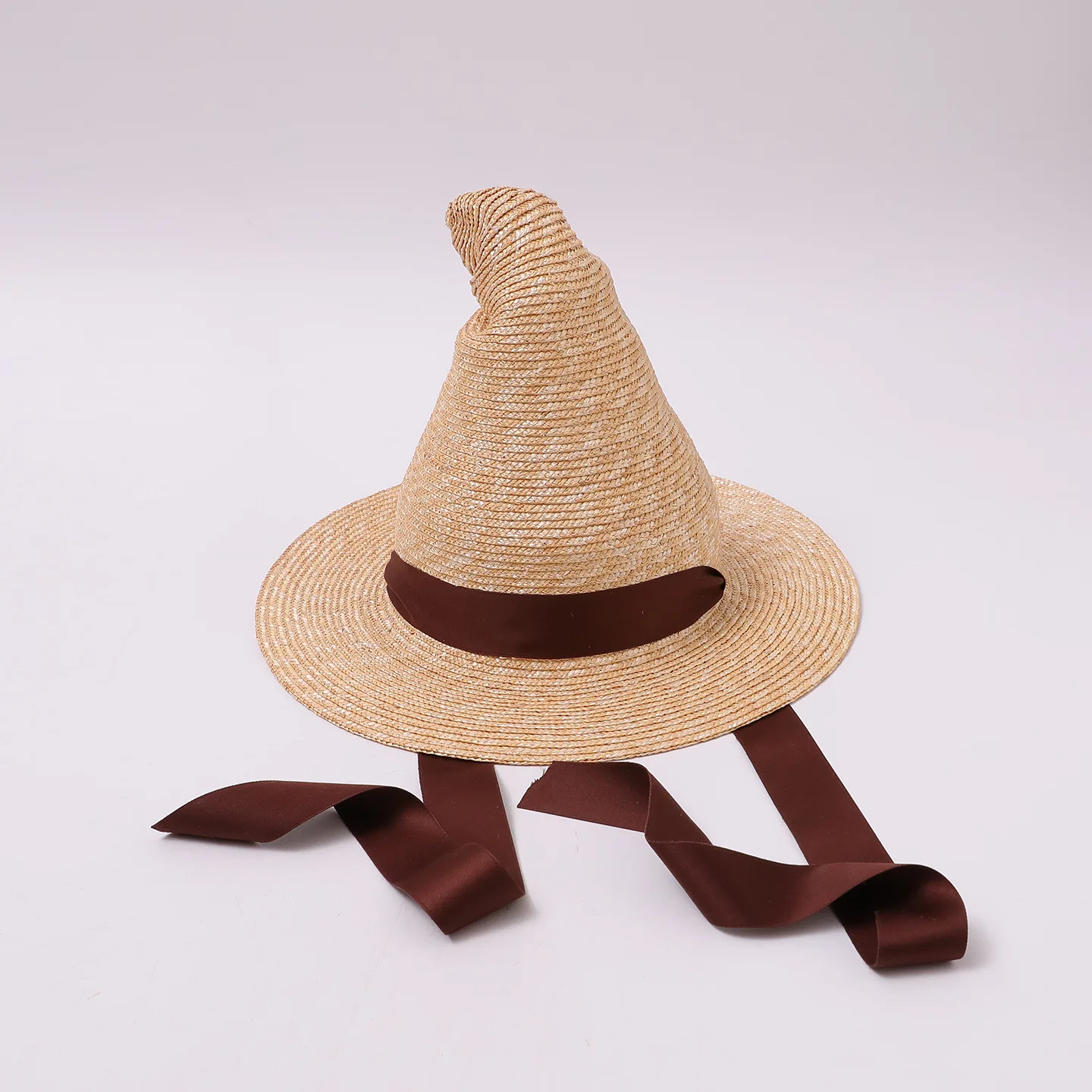 Pointed Witch Wide Brim Sun Straw Hats for Women Brown Ribbon Lace-up Halloween Cosplay Party Costume Beach Travel Headwear Caps