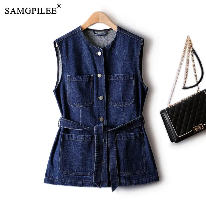 

Jackets For Women 2022 New Retro Autumn Large Pocket Denim Female Clothing Waist Casual Outer Wear Sleeveless Vests Woman 4XL