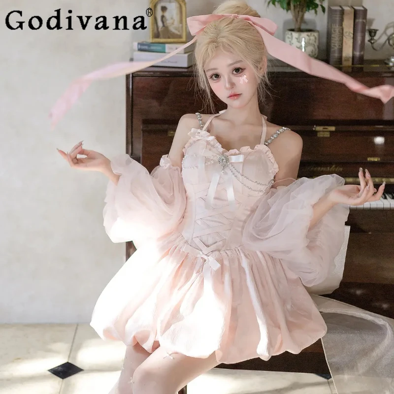 

Temperament Princess Lolita Sexy Sweet Jsk Princess Dress Pink V-neck Lace-up High Waist A-line Ballet Fairy Suspender Dresses