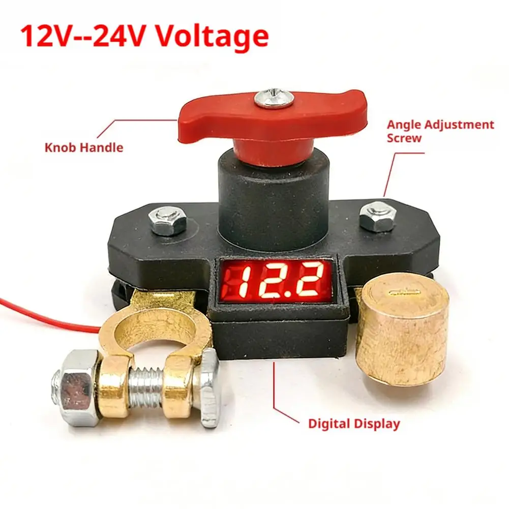 12V-24V Car Battery Disconnect Switch with Digital Voltmeter, 180° Rotatable Power Cut-Off Kill Switch for Car Truck RV Boat ATV