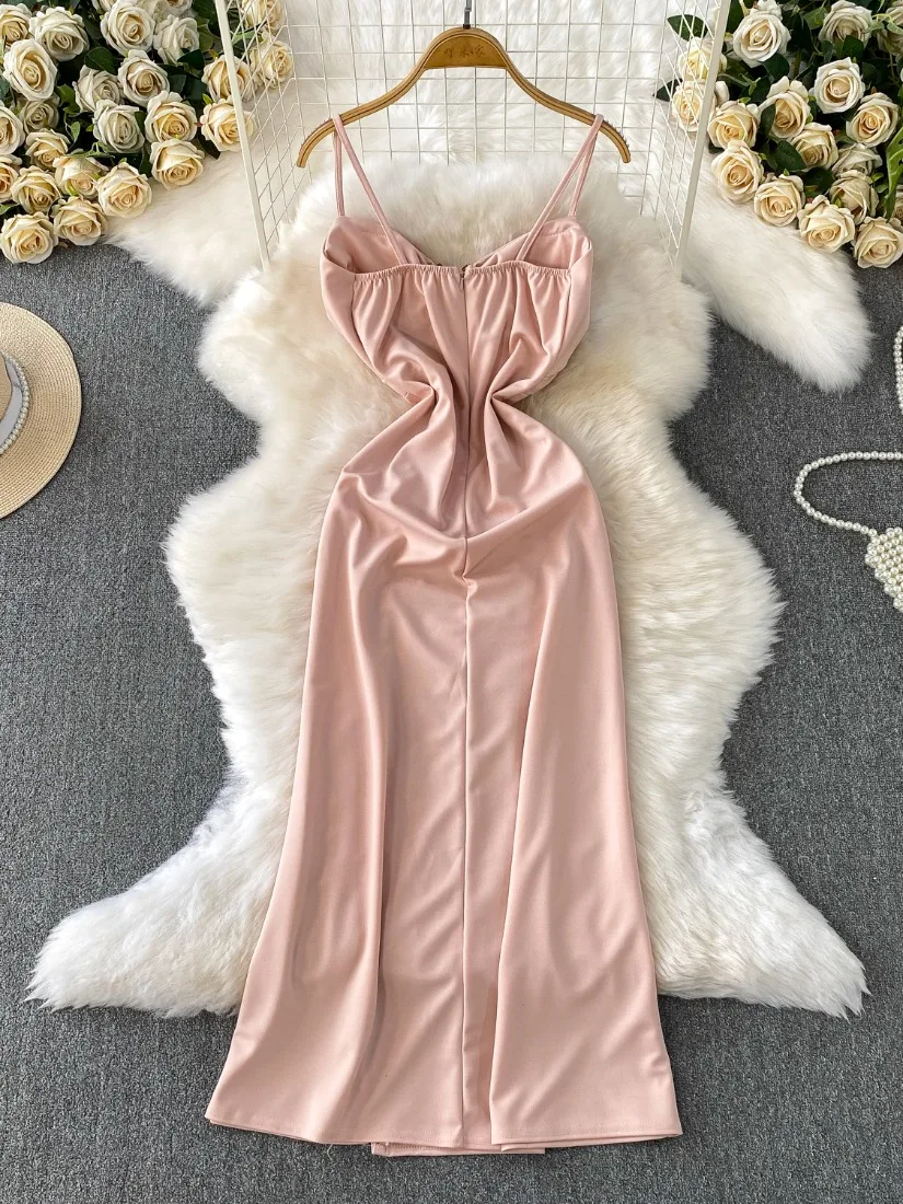 Foamlina Vestido largo de satén con abertura para mujer, vestido veraniego con tiras para mujer, fiesta de vacaciones, elegante, Sexy, con cuello en V, sin espalda, blanco acolchado