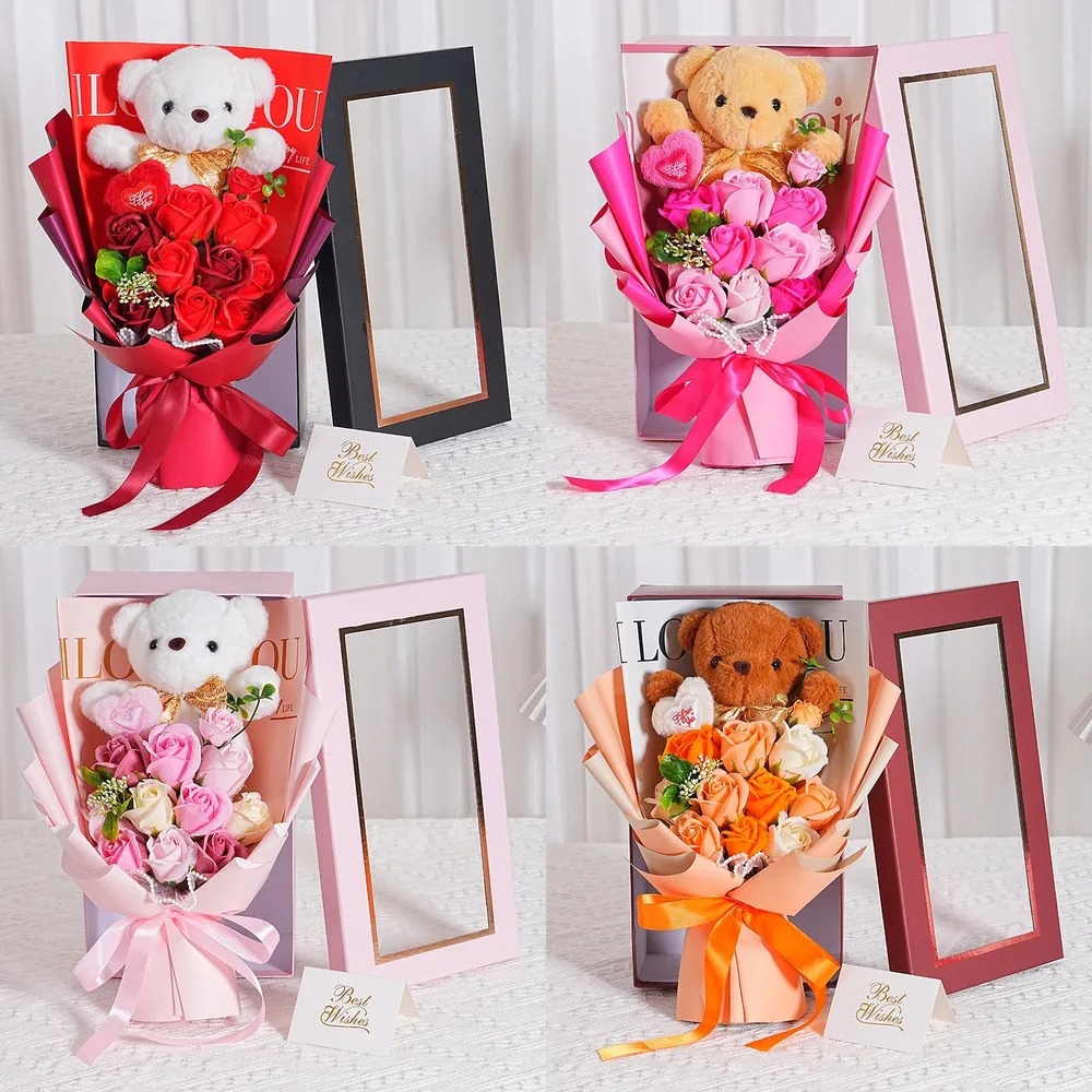 

Soap Rose Bouquet With Teddy Bear Romantic Gift Box Artificial Flowers For Valentine Birthday Graduation Girlfriend Surprise
