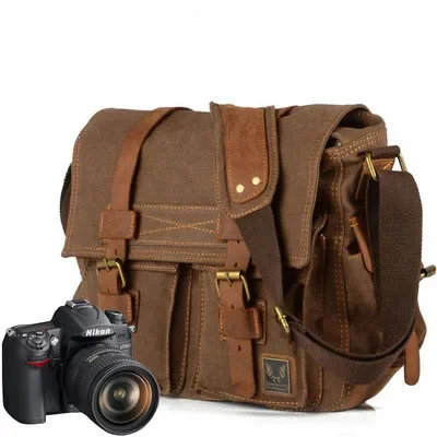 

Vintage Canvas splicing real leather bag Single Shoulder Messenger Bag casual photography waterproof liner SLR Camera Bag