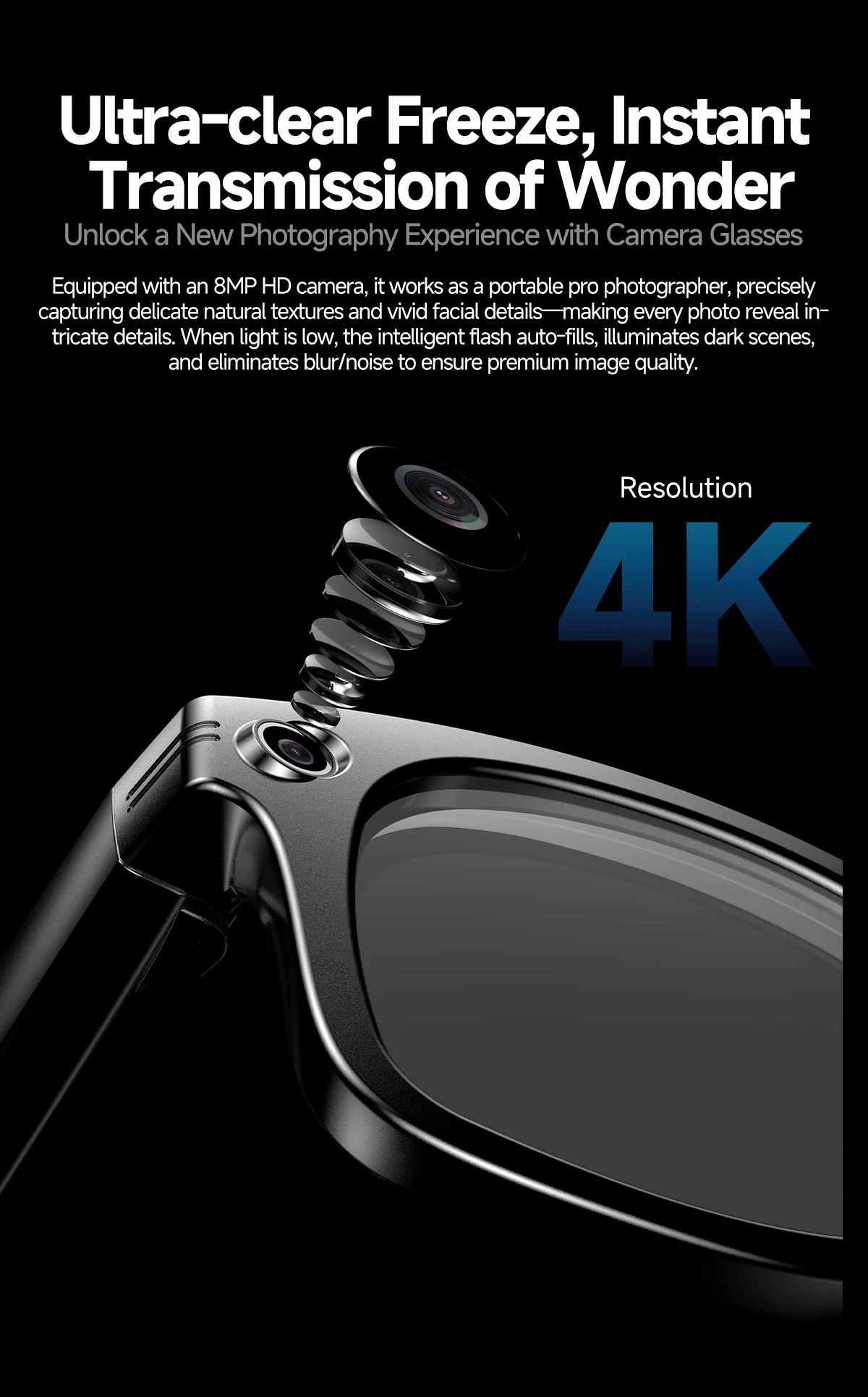 Anti-Shake-Technologie KI-Smart-Brille 4K 800W Kamera Fotos KI-Übersetzung Musik BT-Anruf Farbwechselnde Smart-Brille für Damen und Herren – Detail 5