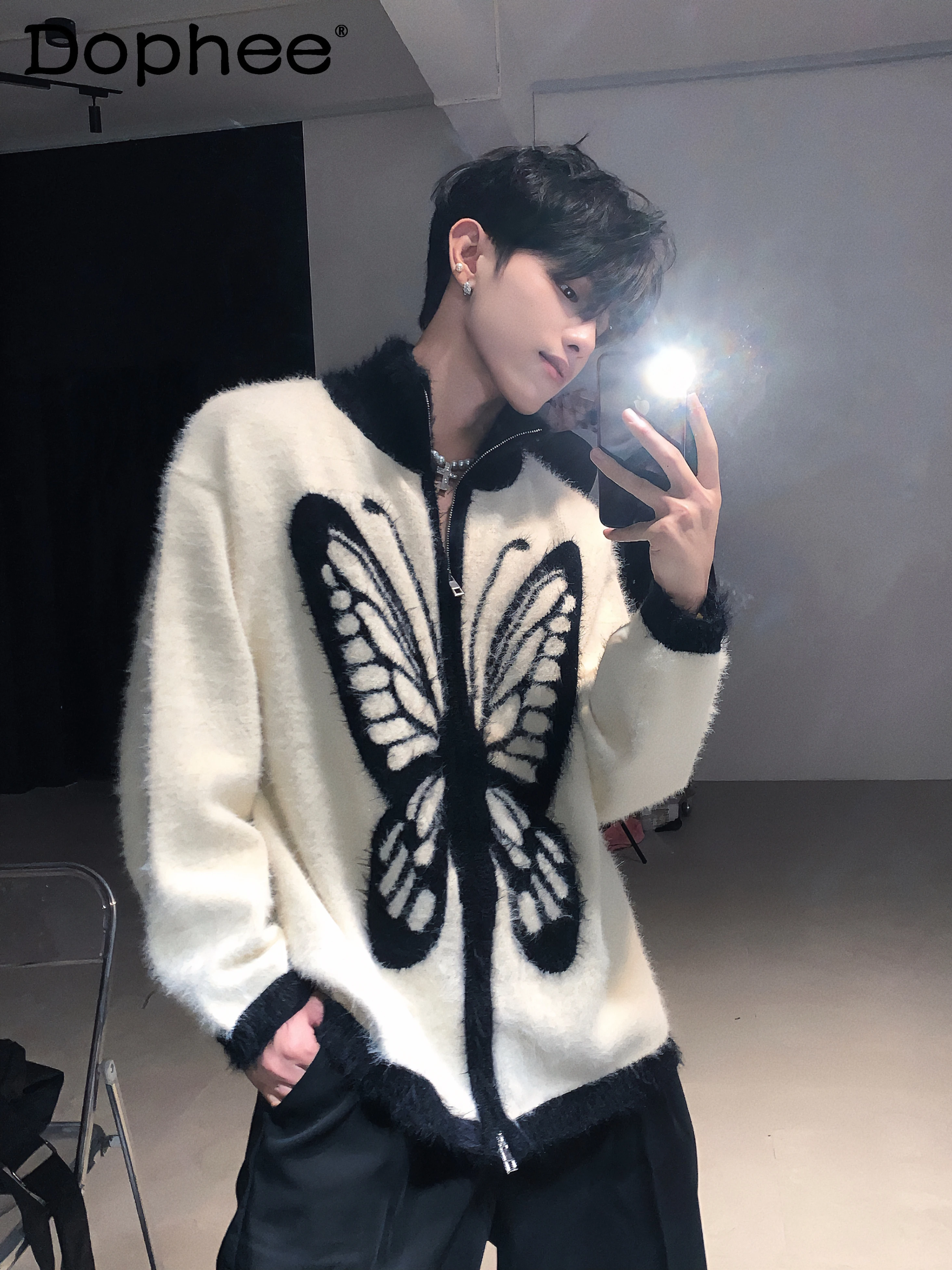 Fashion Retro High-End Butterfly Sweater Men's Knitted Cardigan Trendy Male Chic Long-Sleeve Loose Zipper Knitwears Comfort Coat