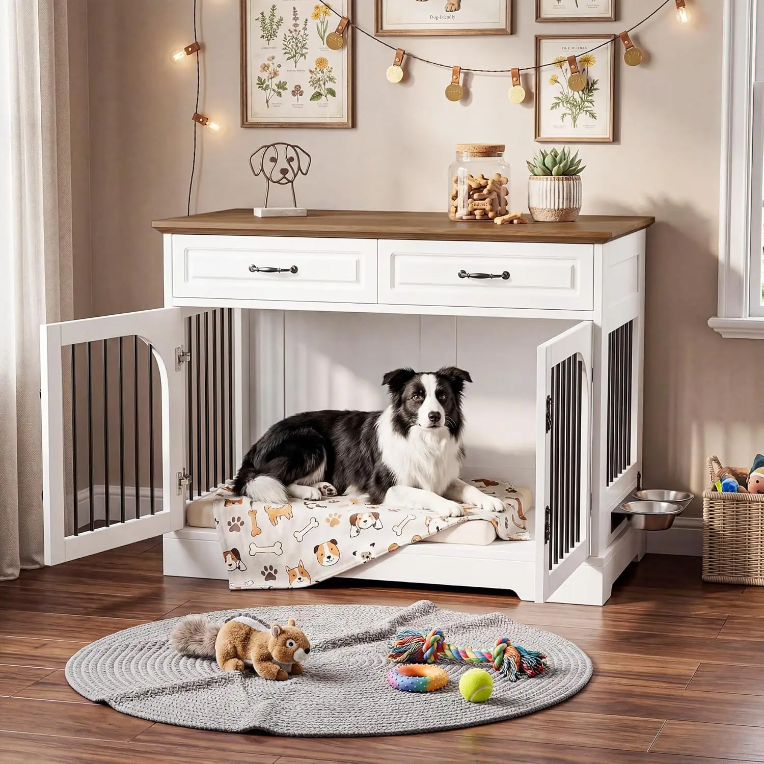 

43' Large Dog Crate with Drawers & Rotating Bowls, Heavy Duty Kennel for 40-70 lbs Dogs