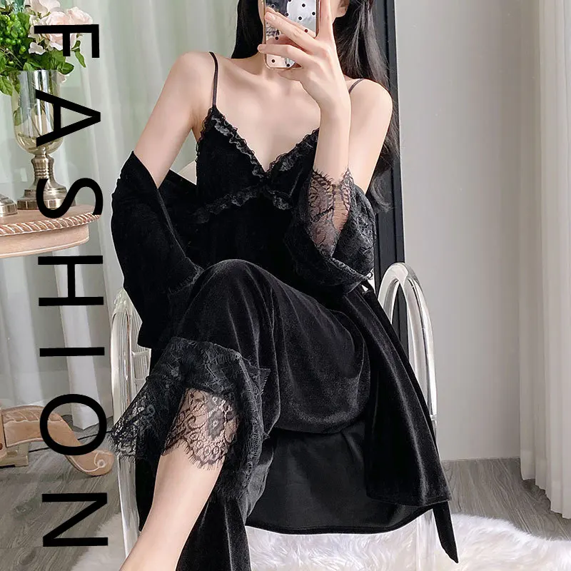 

Золотые бархатные пижамы, женские весенне-осенние новые сексуальные кружевные пижамы с длинными рукавами, чистое желание, ветер с нагрудником, домашняя одежда из трех предметов