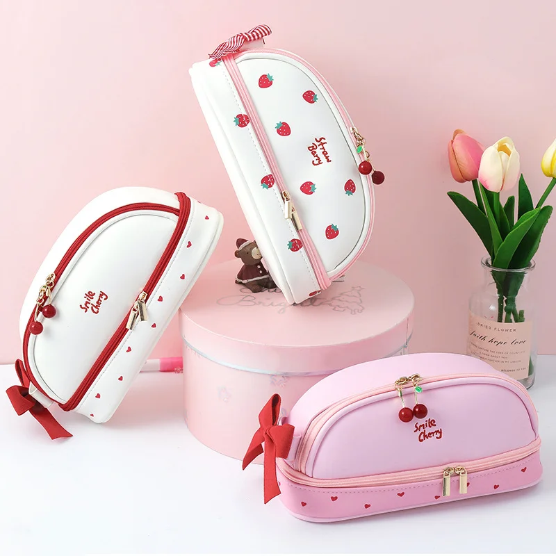 Cute Heart Strawberry Pencil Case Large Capacity Kawaii Pencil Bag Stationery Items School Supplies Pen Holder for Kids Gifts