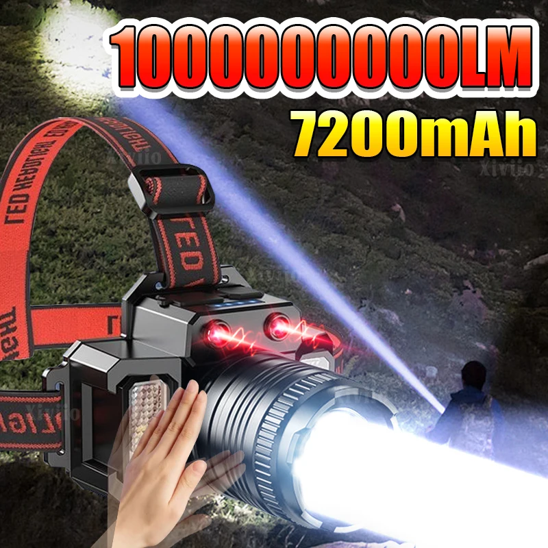 

100000000LM светодиодный налобный фонарь с датчиком, мощный перезаряжаемый налобный фонарик, походный поисковый светильник, уличные многофункциональные передние фонари