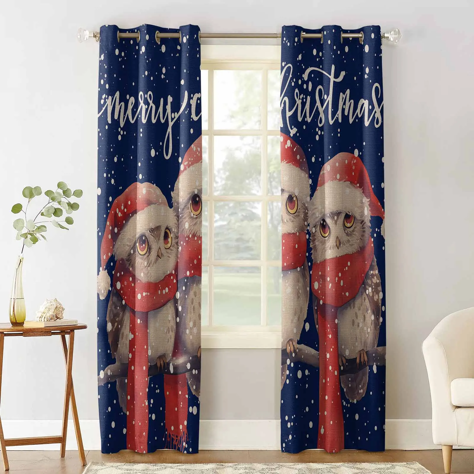 Christmas Winter Owl Pine Tree Curtains For Living Room Kids Bedroom Window Curtain Hall Drape Long Cortinas