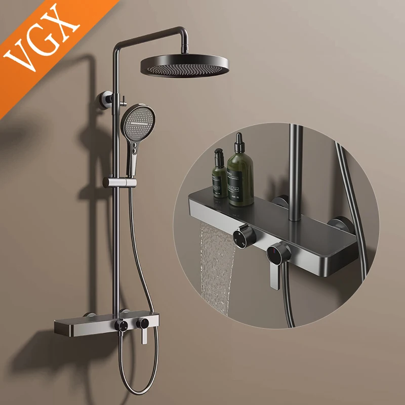 

VGX Shower System Set Bathroom Shower Faucet Set 3-way Rainfall Shower Set Shower Mixer Crane with Hand Shower Set Grey Gold