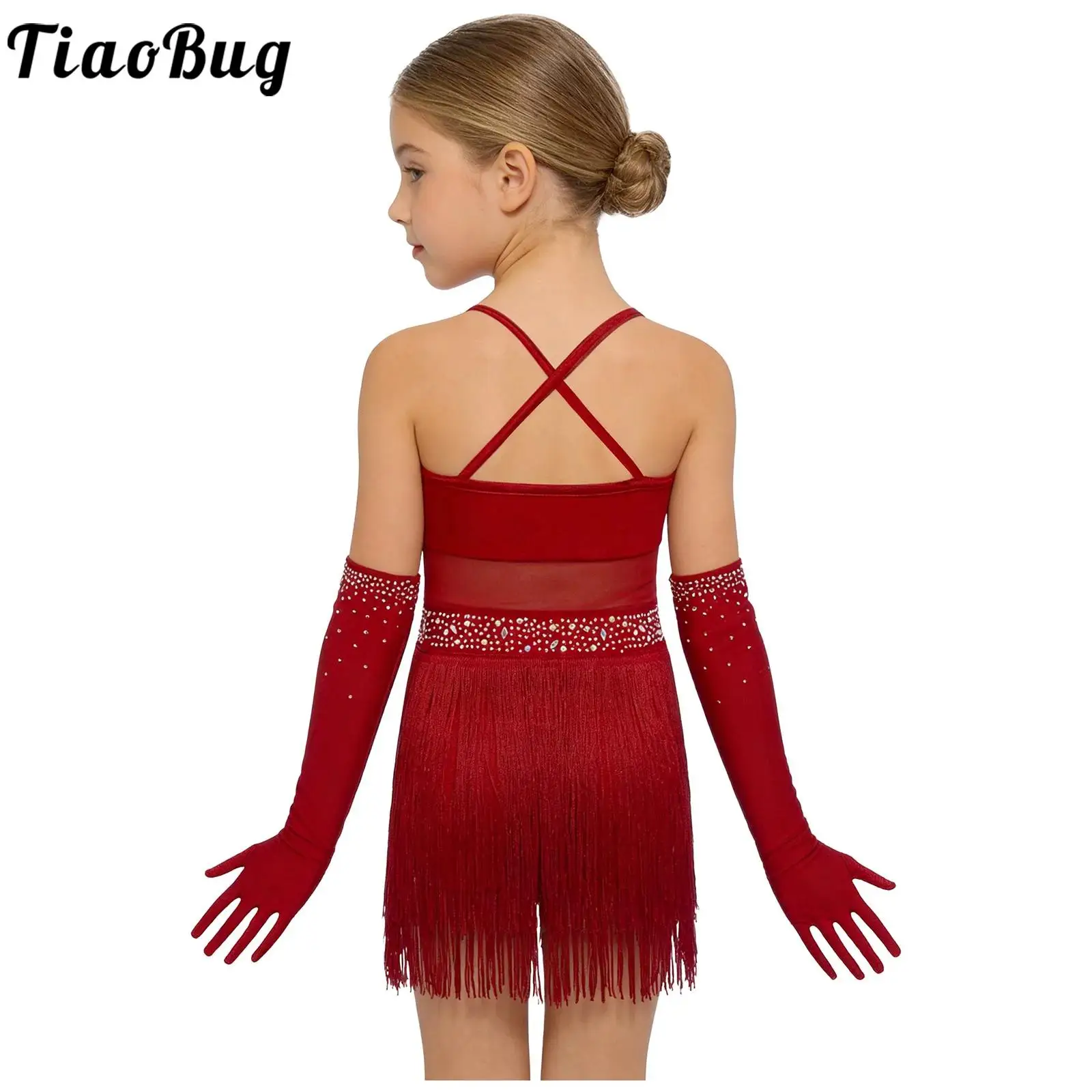 Girls Latin Cha-cha Dance Outfit Shiny Rhinestones Mesh Patchwork Tassels Dress Gloves Samba Tango Disco Stage Performance Wear