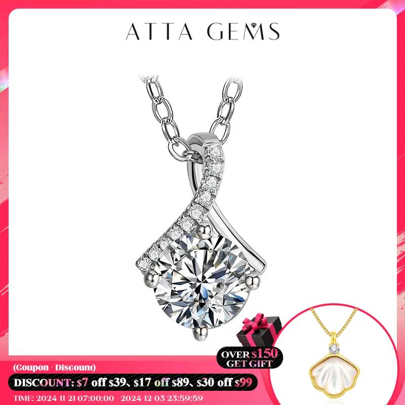 ATTAGEMS Excellent Cut Pass Diamond Test 1-2 ct D Color Good Clarity VVS1 Moissanite 925 Silver Pendant Necklace for Women Gift