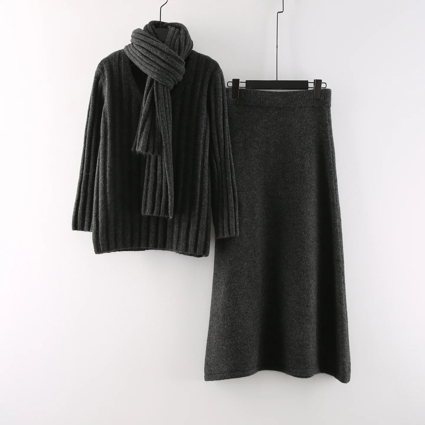 ZAMOR Korean High Sense Casual Knit Three Piece Set Women Winter Loose Scarf Sweater and Long Skirt Outfit