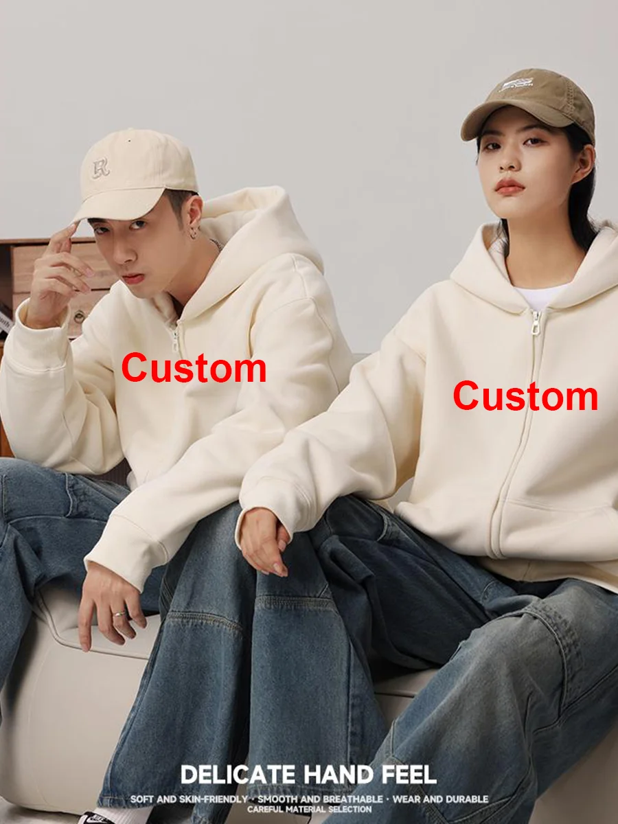 

Пользовательский логотип на молнии 500GSM тяжелые модные мужские толстовки зимние повседневные толстые хлопковые мужские топы однотонные толстовки с капюшоном